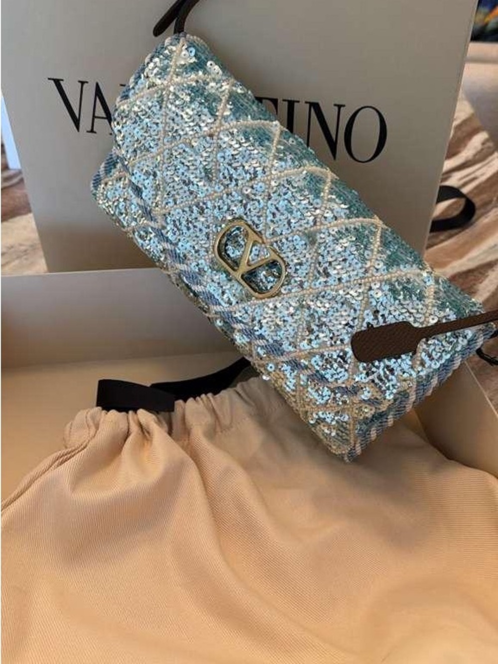Valentino Garavani Light Blue Sequin Quilted Clutch with Gold Logo - Picture 5 of 5